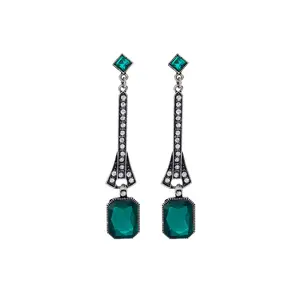 Art Deco Jewelry Women Antique Silver Vintage Long Eternity Black Green Gemstone Gem Cut Emerald Earrings Drops aretes de plata