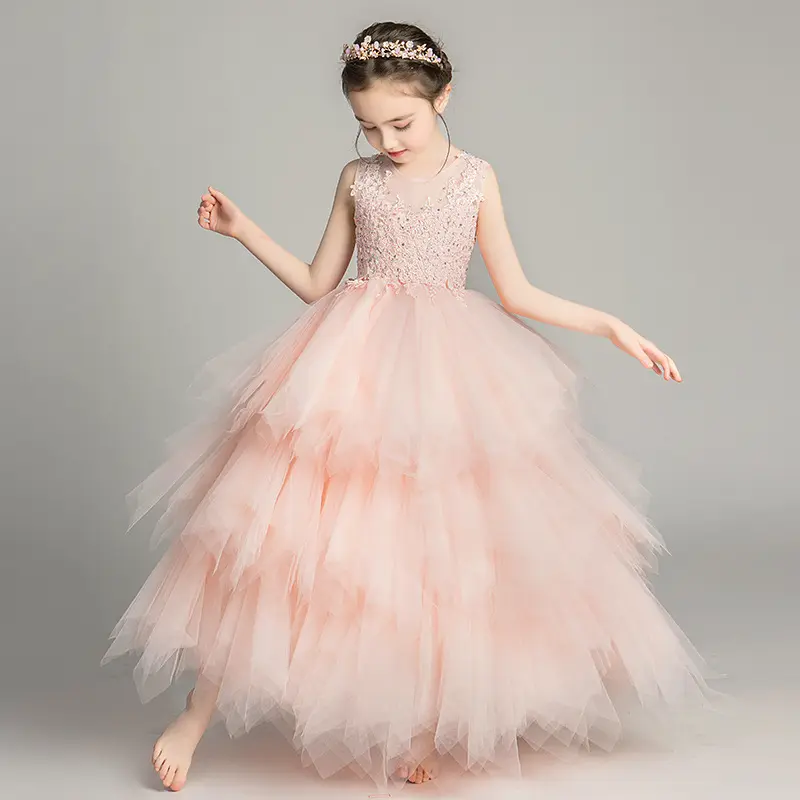 Vestido de pasarela rosa para niña, vestido de princesa de hilo esponjoso, para boda, espectáculo de piano