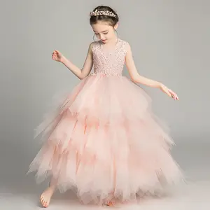 Children's catwalk dress pink little flower girl fluffy yarn princess dress wedding host piano performance girl dress