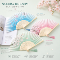 Éventails pliants personnalisés en soie et bambou avec pompons, motif fleurs de cerisier japonais Sakura, pour cadeaux de mariage, OEM