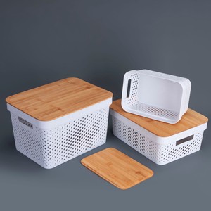 <b>Storage</b> <b>Baskets</b> Plastic With Bamboo Lids <b>Rectangle</b> Stackable Neatening <b>Storage</b> - Product Image 1