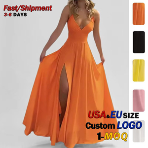 Abito lungo da donna senza colletto, fluido, con spalline sottili, scollo a V e spacco alto, per invitati a matrimoni, all'ingrosso, primaverile, tinta unita, arancione, rosa, nero, casual - Product Image 1