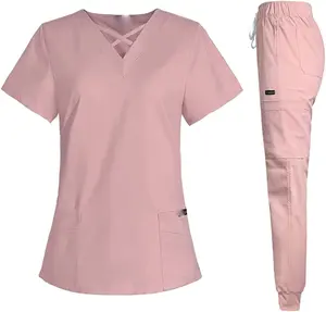 女性医療看護師制服スクラブスーツカスタムロゴファッションVネックソリッド