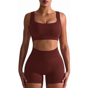 Ensemble débardeur côtelé sans couture et short taille haute, style Instagram, séchage rapide, <span class=keywords><strong>pour</strong></span> sport, extérieur, décontracté, fitness, effet push-up fessier et <span class=keywords><strong>ventre</strong></span> plat - Product Image 1