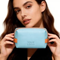 Trousse de Maquillage Élégante en PU Bleu - Pochette Cosmétique de Voyage Imperméable avec Fermeture Éclair Orange, Logo Personnalisé OEM/ODM pour Usage Quotidien et en Voyage