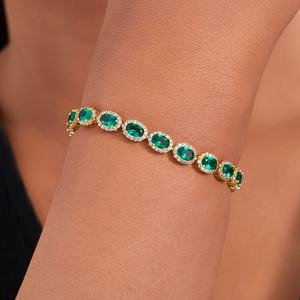 Pulseras de tenis de moda con cadenas de 8 pulgadas de cobre chapado en oro de 14K con joyería elegante de circón de corte ovalado Esmeralda - Product Image 3
