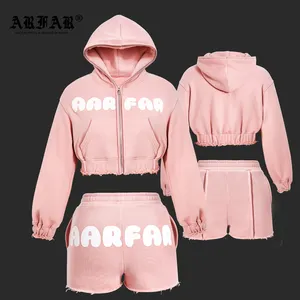 Custom Street Wear Hoodie Sets For Women Outfit Tracksuit Pullover 400gsm Fleece Cotton Foaming Puff Logo Women's Sets