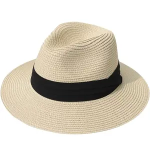 Tùy chỉnh rộng vành UPF50 + cuộn lên rơm Fedora Panama Hat bãi biển Sun mũ rơm cho phụ nữ