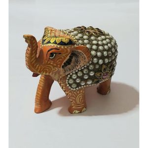 Escultura de elefante de madera hecha a mano de PARIJAT HANDICRAFT pintada con intrincado diseño de incrustaciones - Product Image 3