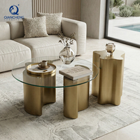 Mesa de Centro Redonda de Vidrio Templado con Base de Metal Dorado Ondulado, Diseño Italiano de Lujo, Venta Caliente 2026, Juego de Mesas Auxiliares de Forma Irregular