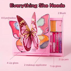 Kit de <span class=keywords><strong>maquillage</strong></span> pour enfants en forme de <span class=keywords><strong>papillon</strong></span>, jouet cosmétique lavable avec fard à paupières, brillant à lèvres, blush pour filles, cadeau pour fête d'anniversaire - Product Image 1