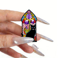 Broche en émail métallique motif chat noir en vitrail d'église, prix d'usine, pour cadeaux d'enfants et d'amis