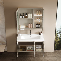 Meuble de salle de bain mural en acier inoxydable antirouille beige à trois portes avec miroir intelligent et écran LED chaud, style contemporain
