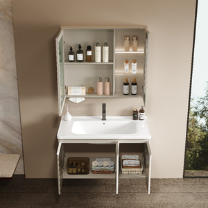 Meuble de salle de bain mural <span class=keywords><strong>en</strong></span> acier inoxydable antirouille beige à trois portes <span class=keywords><strong>avec</strong></span> miroir intelligent et écran LED chaud, style contemporain - Product Image 4