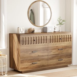 Meuble de rangement moderne personnalisé à 6 <span class=keywords><strong>tiroirs</strong></span> Grande <span class=keywords><strong>commode</strong></span> à cannelures marron Armoire de salon <span class=keywords><strong>en</strong></span> bois pour entrée chambre à coucher - Product Image 2