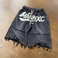 Pantalones Cortos Deportivos Personalizados con Bordado de Diamantes de Imitación, Estilo Vintage, Lavado Ácido, Desgastados, Holgados, 3/4 de Largo para Hombre