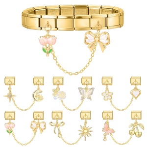 Bracelet/Jonc/Aklet en acier inoxydable modulaire, double chaîne, électroplaqué, avec nœud papillon et fleur, accessoire de bijouterie délicat à faire soi-même - Product Image 3