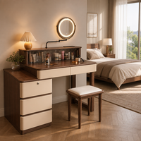 Coiffeuse moderne avec miroir LED à bras pivotant, vitrine en verre cannelé, armoire à 3 tiroirs verrouillable et tabouret