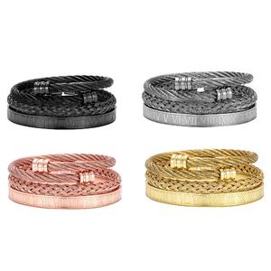 Men's Stainless Steel <b>Adjustable</b> Cuff <b>Bracelet</b> With Twisted Cable Design Roman Numeral Bangle Fashionable Rings 3pcs Jewelry Set - Product Image 2