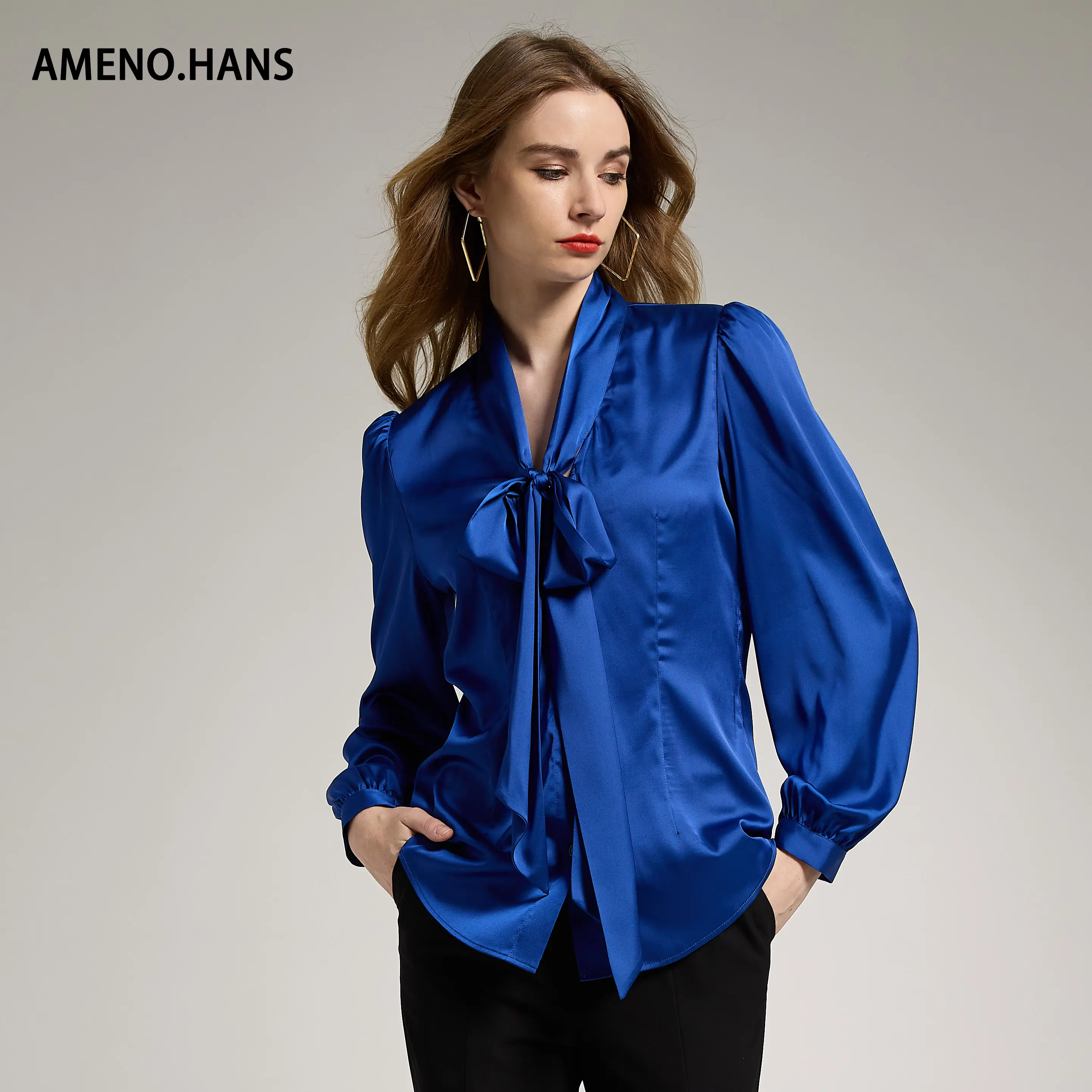 AMENO Long Sleeves Chic Collar Tops 2022 Satin Chiffon Spring Fashion Blouse Elegant Women Hidden Placket Shirt