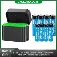 PUJIMAX Lot de piles rechargeables AA AAA 1.5V Batterie Li-ion cylindrique et chargeur intelligent multi-emplacements avec câble de charge