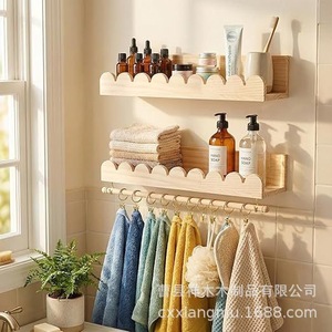 Solid Wood Wave Shaped Wall Mounted <b>Shelf</b> With <b>Hooks</b> For Childrens Room Toy Storage Organizer Natural Color Rectangle Shape - Product Image 3