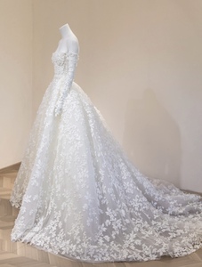 Abito da <span class=keywords><strong>Sposa</strong></span> Lussuoso a Sirena con Spalle Scoperte e Maniche Lunghe, Applicazioni Floreali 3D, Elegante Abito Nuziale - Product Image 4