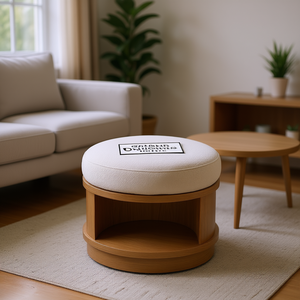 Puf Otomano Redondo Color Marfil, Taburete de Tela con Almacenamiento, Mueble de Sala de Estar, Diseño Contemporáneo, Uso Doméstico - Product Image 2