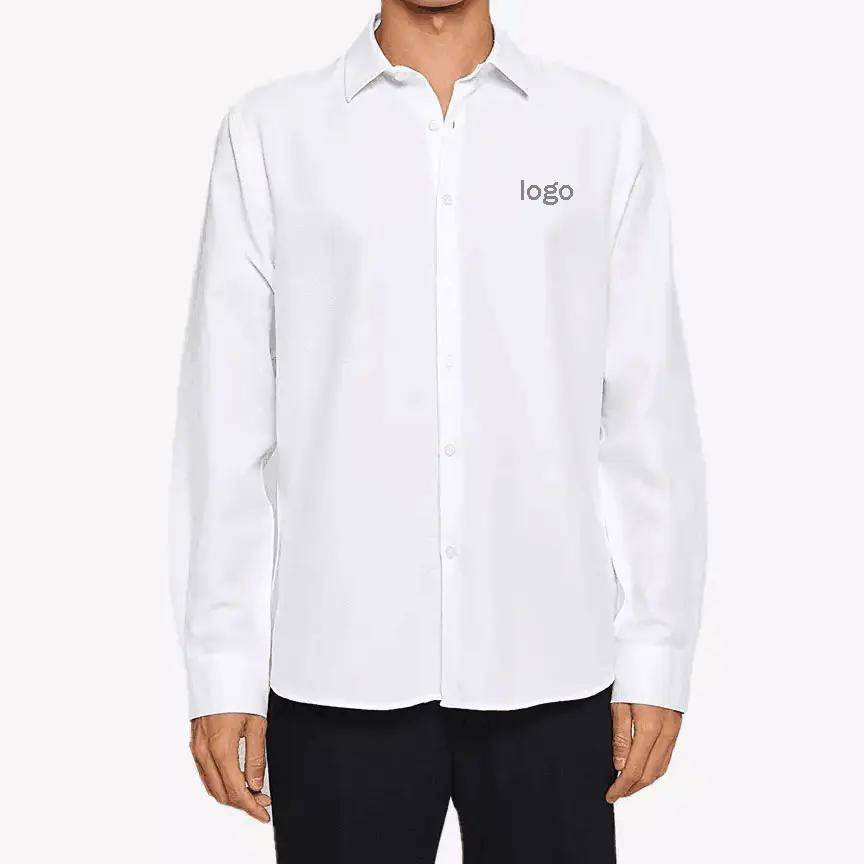 Chemises formelles de qualité supérieure pour hommes, manches longues, boutons, col rabattu, chemise en coton blanc uni respirant, logo personnalisé, étiquette de marque