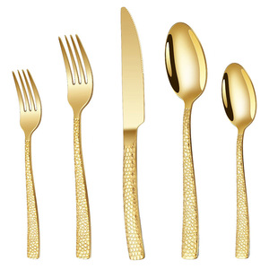 Reusable Hammered Stainless Steel Square Handle Knife Spoon Set for Parties-Western Tableware - Product Image 1
