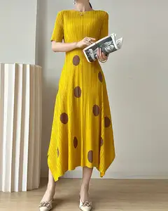 New Arrivals Summer Polyester Miyake Polka Dot Extensible Bodycon Short Sleeves Pleated Woman Dress