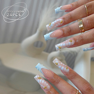 Uñas transfronterizas Venta al por mayor Venta caliente Nude Pink Blue Color-Block 3D Gold Beads Hot Girl Nail Tips Wearable - Product Image 2