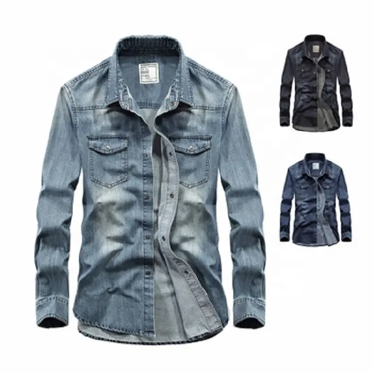 GIMILY vintage with pockets for denim jacket casual men long sleeve denim shirt slim fit denim shirt rockabilly clothing men