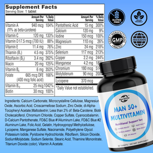 Complément alimentaire multivitaminé pour hommes 50+ en comprimés, marque privée OEM, avec vitamines A, C, E, B6, B12, Calcium et Vitamine D pour la santé immunitaire - Product Image 2