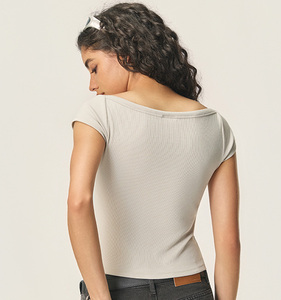 T-shirt court Y2K d'été pour femme, col bateau, 260 GSM, 47,1 % coton, 47,1 % viscose, 5,8 % élasthanne, respirant, coupe ajustée, manches courtes - Product Image 2