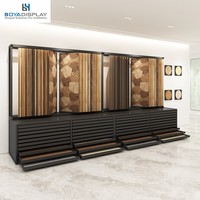 Présentoir de sol personnalisable avec pages rabattables et tiroirs, en métal, pour échantillons de revêtements de sol en showroom
