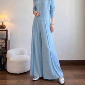 Women's Miyake Plus Size Mid Wide Leg Pleated Long Pants <b>Elastic</b> <b>Waist</b> Loose Slim Casual Spring 100% Polyester Minimalist Style - Product Image 1