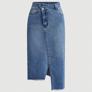 Femmes élégant asymétrique longue <span class=keywords><strong>Jean</strong></span> <span class=keywords><strong>jupe</strong></span> bleu Denim poches bouton décorations Style décontracté lavé Technique automne printemps - Product Image 1