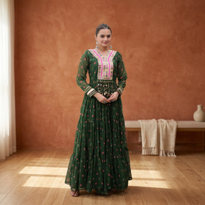 New <b>Lunching</b> TENNECY Women's Party Ankle-Length Faux Georgette Gown with Laheriya Print and Kutchi Patchwork - Product Image 1