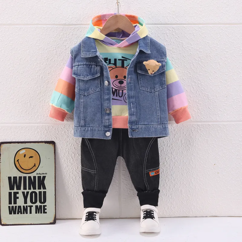 Комплект из топа и брюк для От 1 до 5 лет, милый Радужный свитер для маленьких девочек, джинсовый жилет
