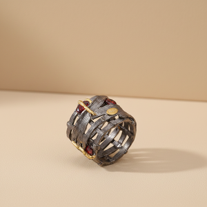 Handmade Granato Pietra Lone Finger 925 Sterling Silver Ring con Oro Nero Placcato - Product Image 3