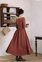 Robe longue décontractée vintage en lin 100% pur 270 g/m² pour femme, à manches longues, col Peter Pan en dentelle, coupe trapèze unie