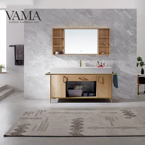 VAMA โรงงาน1500มิลลิเมตรโรงแรมตู้ห้องน้ำสแตนเลสโต๊ะเครื่องแป้งห้องน้ำทองที่มีขาโลหะชั้นยืน769068กรัม