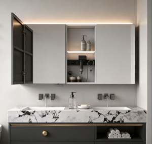 Mueble de Baño Doble de Madera Oscura Personalizado con Espejo LED, Cajones de Almacenamiento y Estantes Abiertos para Organizar el Baño del Hogar - Product Image 5