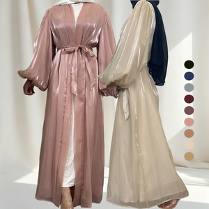 Abaya Abierta de Organza Brillante OEM ODM, Elegante Kaftán Musulmán con Mangas Abullonadas y Cinturón, Abaya Exterior Modesta para Mujer para Festivales (1941) - Product Image 2