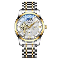 Montre mécanique squelette phase de lune de haute qualité avec bracelet en acier inoxydable, montre-bracelet automatique de luxe pour homme, mode et affaires