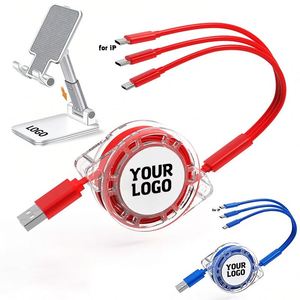 Câble de données USB rétractable 3-en-1 à chargement rapide pour iPhone et Android, personnalisable avec logo, vente en gros directe usine, idéal comme cadeau promotionnel - Product Image 1