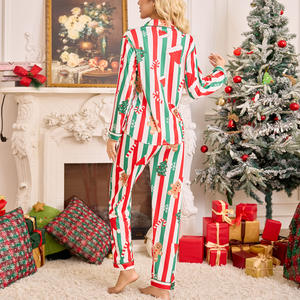 Ensemble de Pyjama de Noël en Satin à Rayures pour Femme, Vêtement de Nuit à Manches Longues et Taille Élastique, Motif à Carreaux, Cadeau des Fêtes d'Hiver, Vente en Gros OEM Disponible - Product Image 4