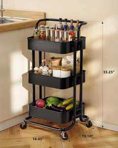 White Foldable Kitchen Bathroom Living Room 3-Tier Metal <b>Rolling</b> Storage Utility <b>Cart</b> with Wheels & Hanging Cups & Hooks - Product Image 2