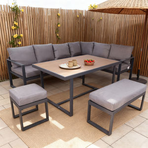 Ensemble de canapés de jardin en forme de L avec table et bancs, couleur personnalisée, structure métallique, pour patio, jardin, résistant aux intempéries, décontracté - Product Image 1